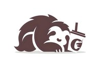 Sleepy sloth character lying down with takeaway coffee cup, illustrated in minimalist brown silhouette style on white background, isolated design element for branding.