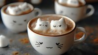 Adorable cat-themed coffee cups with cute marshmallow ghosts floating in hot chocolate, perfect for cozy autumn mornings and Halloween celebrations.