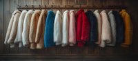 Colorful faux fur coats hanging on wooden wall rack in fashion boutique, including white, blue, red and beige winter outerwear collection display.