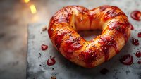 Glazed heart-shaped donut with red berry jam coating on dark surface, romantic mood created by soft bokeh lights in background, macro food photography.