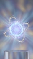 Magical glowing orb with golden sparkles floating above cylindrical platform against dreamy blurred background for fantasy and mystical designs.