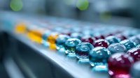 Colorful glass marbles arranged in diagonal line creating depth perspective with selective focus, blue and red spheres on reflective surface.