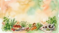 Watercolor illustration of fresh vegetables and herbs arranged with cooking ingredients, including tomatoes, carrots, garlic, and spices in bowls for culinary and recipe design use.