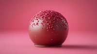 Red sphere with scattered particle texture dissolving on top against pink gradient background for modern digital art and abstract design concepts.