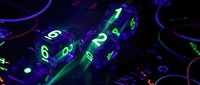 Neon glowing polyhedral dice with numbers displayed on dark surface, surrounded by luminescent gaming elements and cyberpunk aesthetic lighting for tabletop gaming.