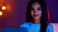 Young African American woman smiling while working on laptop in dark room with neon lighting, creating dramatic red and blue color contrast. Modern lifestyle portrait.