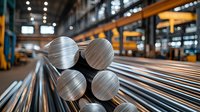 Stacked metal rods and round bars in industrial warehouse. Raw steel materials storage with selective focus on circular cross sections showing metallic texture.
