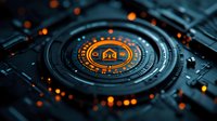 Futuristic smart home technology concept with glowing orange house icon on dark circuit board background, representing digital home automation system.