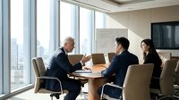 Mature male executive with gray hair and light skin tone, wearing dark business suit, leads meeting with two younger Asian professionals in modern high-rise office with floor-to-ceiling windows overlooking city skyline, discussing business strategy.