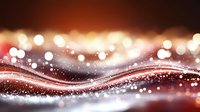 Abstract red and white glowing waves with bokeh lights and sparkles on dark background, flowing dynamic design with blurred motion effect for festive backgrounds.