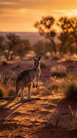 Kangaroo standing in golden sunset light with warm orange sky and silhouetted trees in Australian outback landscape during golden hour wildlife photography.