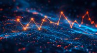 Glowing orange line graph with peaks and valleys against dark blue background with particle effects and depth of field for financial data visualization.