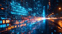 Futuristic digital matrix with streaming binary code in blue and orange neon colors reflecting on wet surface creates dynamic cyber environment perspective.