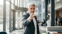 Confident mature businessman pointing finger at camera in modern office lobby with natural lighting and professional atmosphere.