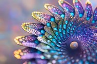 Vibrant macro photography of an abstract flower with iridescent purple and turquoise petals adorned with glowing dots, creating a magical and ethereal artistic composition.