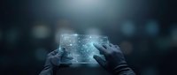 Hands holding transparent digital tablet with glowing network connections and data visualization in futuristic technology concept for business innovation.