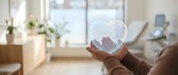 Crystal heart held in hands against bright window with plants and home interior background.