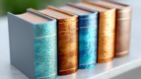 Row of vintage hardcover books in turquoise, gold and blue colors standing on white shelf against blurred background, selective focus on book spines.