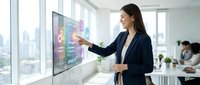 Young Asian businesswoman in blazer touching interactive digital screen with colorful icons in modern office, colleagues working in background.