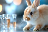 Adorable cream-colored dwarf rabbit with long ears on reflective surface against blurred bokeh background, soft natural lighting creates dreamy atmosphere.