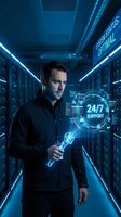 IT professional in server room with holographic 24/7 support interface displaying futuristic technology and data center management systems.