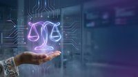 Digital scales of justice glowing in neon purple light hover above an open palm against a blurred tech background with circuit patterns, representing legal technology and law services.