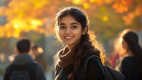 Young South Asian woman smiling outdoors in autumn, wearing casual dark coat and scarf, backlit by golden sunset light with blurred fall foliage and people in background.