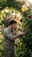 Caucasian man pruning red roses in a lush garden at golden hour, focused gardener tending climbing flowers with pruning shears.