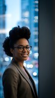 Young African American female professional wearing glasses and brown blazer smiling at camera with blurred city skyline background, suitable for corporate, business, and career-related projects.