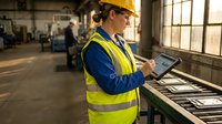 Female construction worker using digital tablet in industrial warehouse facility for project management and quality control operations.