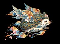 Decorative winged hedgehog with ornate feathers and swirling patterns in blue, gold, and orange tones, isolated on transparent background for t-shirt design, stickers, and print-on-demand projects.