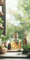 Essential oil bottles and aromatic liquid in glass container with cork stopper on windowsill surrounded by fresh green plants in soft natural light.