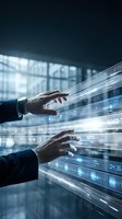 Businessman hands interacting with futuristic holographic data streams and digital interface in modern office environment for technology presentations.