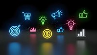 Colorful neon business and marketing icons glowing on dark reflective surface for digital commerce presentations and corporate branding materials.