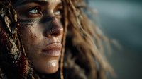 Close-up portrait of woman with intense blue eyes, face covered in dirt and grime, wearing tattered clothing, depicting survival in harsh post-apocalyptic environment.