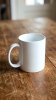 White blank ceramic coffee mug on rustic wooden table, mockup template for custom print design branding and merchandise.