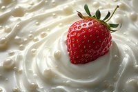 Fresh ripe strawberry falling into creamy yogurt creating splash and ripple effect, showcasing natural food texture and freshness.