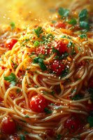 Fresh spaghetti pasta with cherry tomatoes, parsley and sesame seeds in bright sunlight, close up macro shot showing texture and steam for food menu.