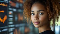 Young African American businesswoman with natural curly hair against blurred stock market display background, confident professional expression and modern corporate setting.