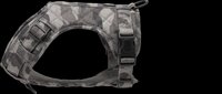 Tactical dog harness in gray camouflage pattern, isolated on transparent background, ready for pet product design, stickers, print on demand, and t-shirt clipart use.