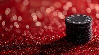 Stack of black poker chips on red glittery surface with blurred bokeh lights background creating luxurious casino atmosphere for gambling and entertainment concepts.