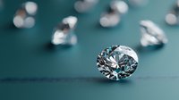 Brilliant cut diamonds scattered on turquoise surface with main gem in focus showing luxury sparkle and clarity. Perfect for jewelry advertising.