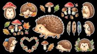 Cute hedgehog sticker set with mushrooms, acorns, leaves and feathers, isolated on transparent background, ready for clipart, t-shirt design, print on demand and sublimation.