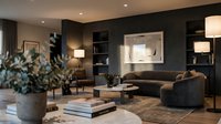 Modern luxury living room interior with dark gray sofa, built-in shelving, warm lighting and contemporary decor for upscale residential design projects.