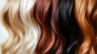 Colorful hair extensions showcase wavy textures in blonde, auburn, black and copper shades for salon styling and beauty treatments.