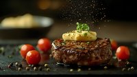 Grilled beef steak topped with melting herb butter and fresh herbs falling, served with cherry tomatoes and peppercorns on dark surface in moody lighting.
