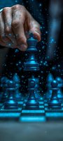 Dark-skinned hand moving glowing blue chess queen piece above pawns on chessboard with magical particle effect, concept of strategy and leadership.