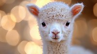 Adorable baby alpaca portrait with fluffy white fur against soft bokeh background, close up view of face showing gentle expression and pink nose.