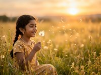 Young girl with dark hair and medium skin tone blowing dandelion seeds in golden meadow at sunset, expressing joy and wonder in nature during golden hour.