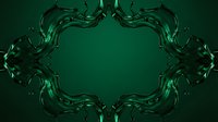 Liquid emerald frame with flowing waves and splashes creating symmetrical border on dark green background, suitable for luxury branding.